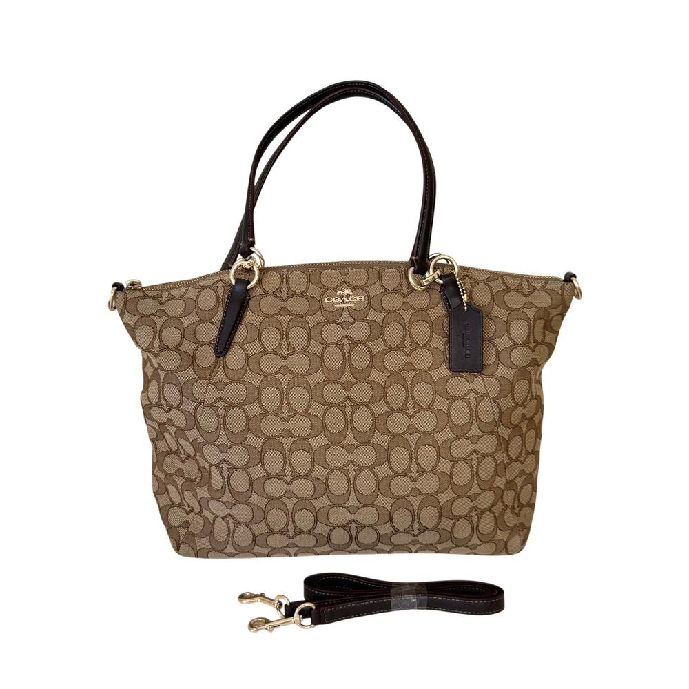 Coach Kelsey Satchel Tote Signature Jacquard Canvas Crossbody Khaki F36722